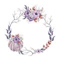 Round wreath with purple pumpkin and purpule anemone , rosehip berries, dusk violet leaves and tree branches. Autumn Royalty Free Stock Photo