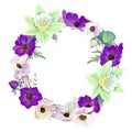 Round wreath with romantic violet and white flowers. Anemones and daffodils in circle. Illustration can be used as bridal and