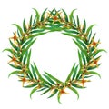 Round wreath of sea buckthorn. Hand drawn watercolor illustration isolated on white background. Garland of garden tree elements