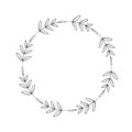 Round wreath with simple twigs and leaves. Frame design in linear style. Circle with foliage. Border for logo tags