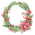 Round wreath with tropical leaves, red hibiscus flowers, pink flamingos. Watercolor illustration. The frame is made of a Royalty Free Stock Photo