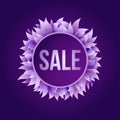 Round wreath of violet fresh bright leaves with sale announcement on deep purple background