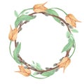 Round wreath with watercolor tulips and willow branch. illustration isolated on white. Floral frame ideal for floral design, Royalty Free Stock Photo