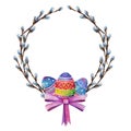 Easter wreath from willow branches, decorated with a pink bow. Watercolor drawing Royalty Free Stock Photo