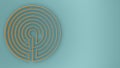 Round yellow and blue labyrinth maze game with entry and exit, find the way concept, background idea with copy