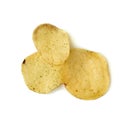 Round yellow fried potato chips with dill, food with spice