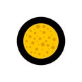 A round yellow piece of cheese with holes in a round black icon. Top view. Vector illustration. Clipart and drawing. Royalty Free Stock Photo