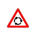 Roundabout crossroad ahead, red triangle warning sign vector.
