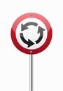 Roundabout crossroad on red traffic sign