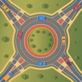 Roundabout road with car. Crossing of highways by type of ring intersection.