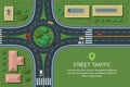 Vector flat illustration of roundabout road junction and city transport. City road, cars, crosswalk top view. Royalty Free Stock Photo