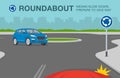 Roundabout road or traffic sign meaning. Driving a car. Car is giving way to blue suv car on the road.