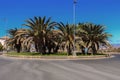 View of a roundabout traffic circle and island with palm trees in Maspalomas, Gran Canaria, Spain