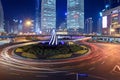 Roundabout traffic at night