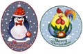 Rounded christmas tags with funny penguin and rooster. Watercolor painting.