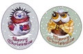 Rounded christmas tags with smiling hedgehog and funny owl. Watercolor painting