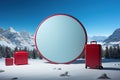 Rounded copy space background and two red suitcases on the snow in mountain. Minimalist touristic concept