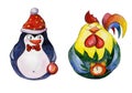 Rounded funny penguin and rooster with golden Christmas details