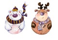 Rounded funny polar bear and caribou wearing purple scarfs.