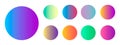 Rounded holographic gradient sphere button. Multicolor green purple yellow orange pink cyan fluid circle gradients