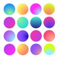 Rounded holographic gradient sphere. Multicolor green purple yellow orange pink cyan fluid circle gradients, colorful