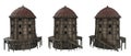 Rounded medieval tower building with wooden frame and steps. 3D rendering from 3 angles