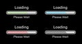 Rounded rectangular bar loading with tilted lines please wait symbol icon set in green, blue, red and black color.