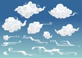 rounded right angle oriental cloud or Japanese cloud or Chinese cloud and wind drawing doodle element set