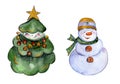 Rounded smiling Christmas tree and snowman with golden details on white background