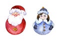 Rounded smiling Santa Claus and funny Snow Maiden on white background.