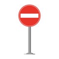 Rounded traffic signal in red and white, with stick and isolated on white background. Entry prohibited