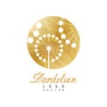 Rounded vector label with dandelion. Abstract wild flower on golden detailed texture. Logo with gentle colors. Design