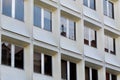 Rounded windows on white facade in modernist architectural style in Zaragoza, Aragon, Spain. Spanish modern architecture Royalty Free Stock Photo