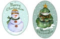 Rounded xmas tags for presents with smiling Christmas tree and snowman.