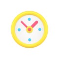 Rounded yellow alarm clock with time arrows 3d icon vector illustration. Circle badge analog watch