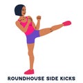 Roundhouse side kicks. Side kick. Sport exersice. Silhouettes of woman doing exercise. Workout, training