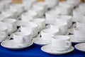 roup of empty Many rows of white ceramic coffee or tea cups Royalty Free Stock Photo