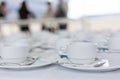 roup of empty Many rows of white ceramic coffee or tea cups Royalty Free Stock Photo