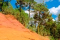 Roussillon ochre deposit: Beautiful red hills, blue sky and green pines