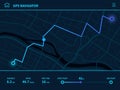 Route dashboard. Futuristic route UI, GPS tracking map navigator with city street, mobile interface mapping technology