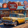 Route 66 Diner with 1957 Chevy Oil Painting Retro