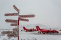 Route direction pole with different cities and North Pole with red planes in the background, Kangerlussuaq airport, Greenland Royalty Free Stock Photo