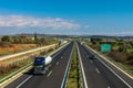 Route from Greece to Turkey. Greek Egnatia road with trucks and cars traffic.