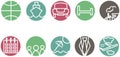 The route icons, hotel icons. White contour train, ship, car, aircraft, trains, umbrellas in pastel red, green, blue, gray backgro