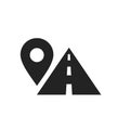 Route location symbol, map pin sign and road, black icon