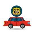 Route 66 road sign sedan red Royalty Free Stock Photo