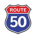 50 route sign icon. Vector road 50 highway interstate american freeway us california route symbol Royalty Free Stock Photo
