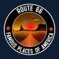 Route 66 and the Grand Canyon desert landscape sticker. Route 66, roadway with a pointer, the horizon with a sandy wasteland.