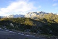 Route under the shadows, snowy mountains and background sky.