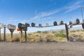 Row of letterboxes at intersection of rural road and Route 66, Arizona, USA